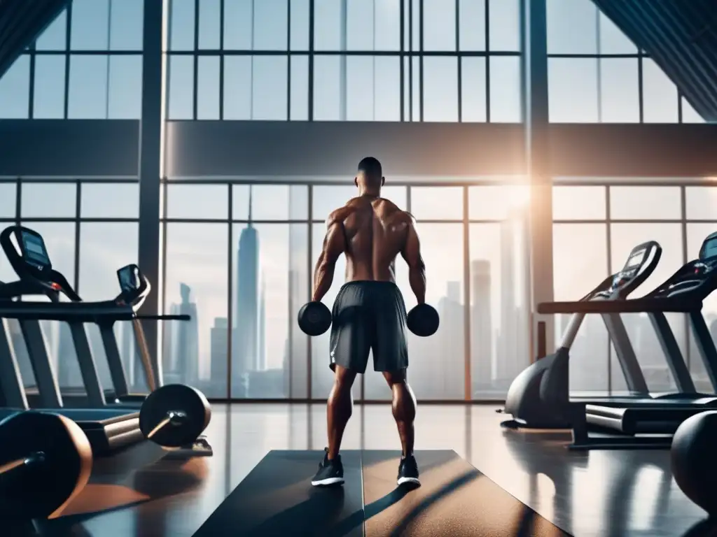 Un atleta profesional se entrena intensamente en un gimnasio de última generación, con determinación en su rostro y equipo reluciente, todo en un entorno de arquitectura moderna y luz natural. #CetoadaptaciónParaRendimientoDeportivo