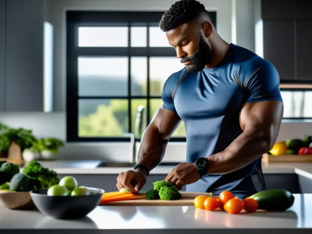 Un atleta profesional mide ingredientes para su plan alimentación cetogénica deportistas en una cocina moderna y luminosa.