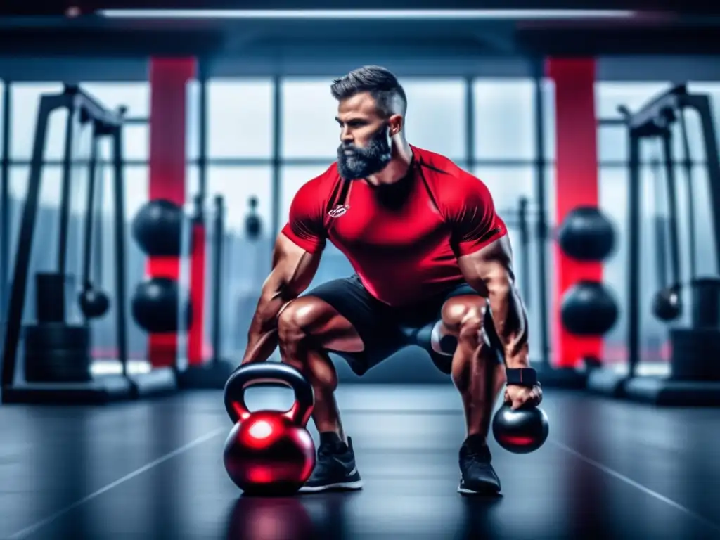 Un atleta profesional realiza un intenso swing de kettlebell en un gimnasio moderno, reflejando la combinación de la dieta cetogénica y el entrenamiento deportivo para mejorar el rendimiento.