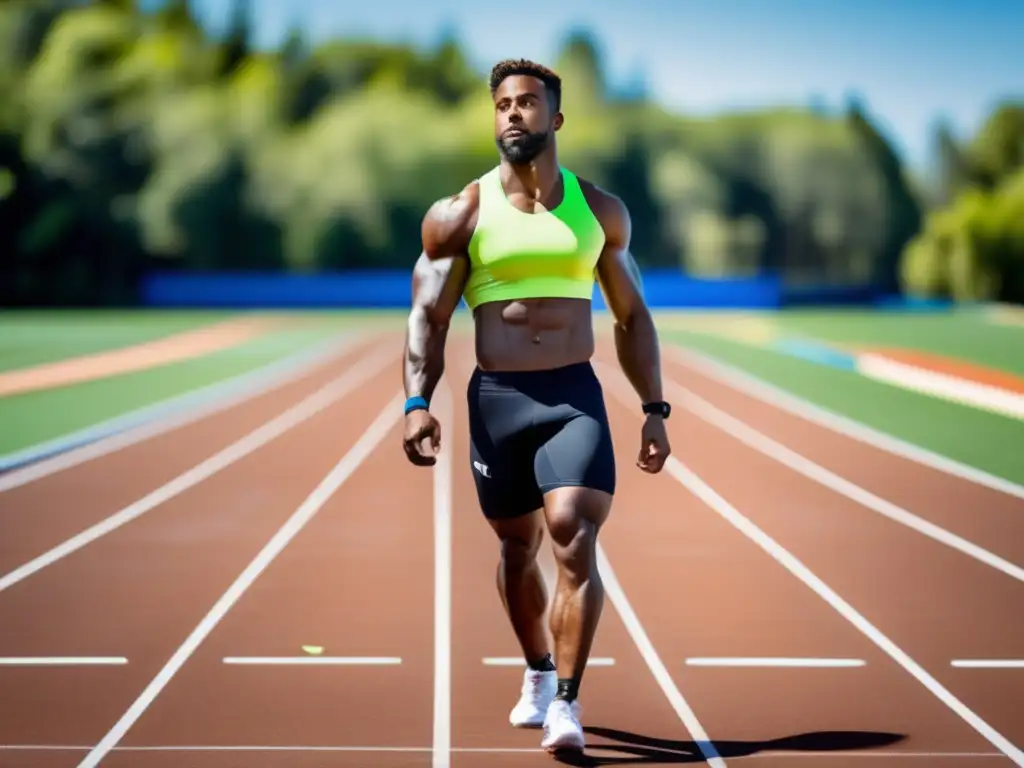 Un atleta profesional listo para el rendimiento deportivo cetoadaptado, con una comida cetogénica y fondo vibrante de árboles verdes y cielos azules.