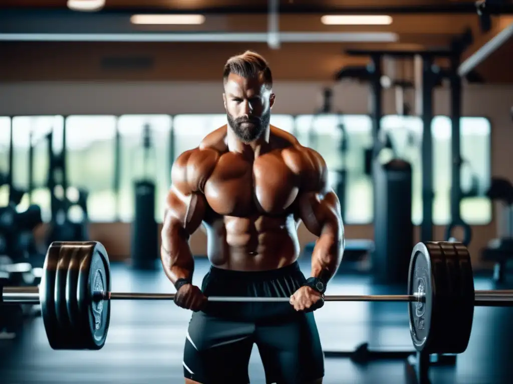 Un atleta profesional se entrena intensamente en un moderno gimnasio, resaltando los beneficios de la cetosis para la recuperación muscular.