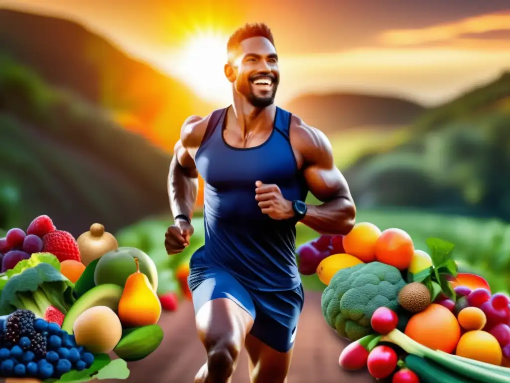 Un atleta profesional en pleno movimiento rodeado de frutas y verduras vibrantes, con un sol radiante al fondo.</b> <b>Sus músculos brillan y se extiende hacia las bayas antioxidantes, mostrando la conexión entre antioxidantes y rendimiento atlético.</b> La imagen irradia vitalidad y la poderosa influencia de una dieta r