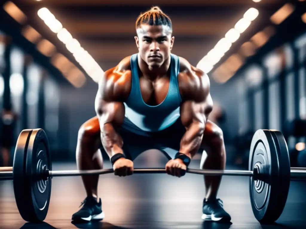 Un atleta profesional en posición de sentadilla, con el sudor brillando en su piel bajo las luces del gimnasio, sus músculos esforzándose contra el peso mientras se enfoca intensamente en su postura. El fondo está borroso, resaltando la determinación y el esfuerzo en su rostro