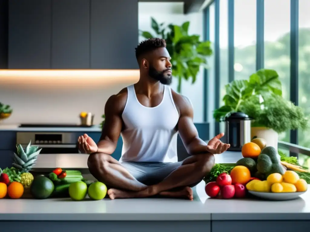 Un atleta profesional en postura serena y meditativa, rodeado de exuberante vegetación. Refleja equilibrio entre calma y energía vibrante, en línea con el manejo de la ansiedad precompetitiva.