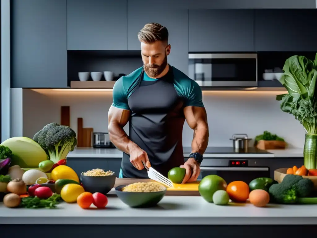 Un atleta profesional prepara con precisión una vibrante comida cetogénica en una cocina moderna, adaptando dieta cetogénica competición deportiva.