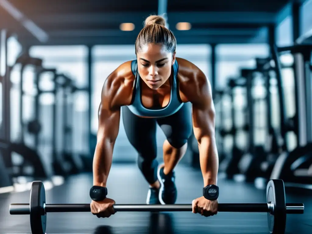 Un atleta profesional se ejercita con determinación en una sesión de entrenamiento cetogénico, rodeado de equipo moderno en un gimnasio minimalista.</b> Adaptación cetogénica para atletas