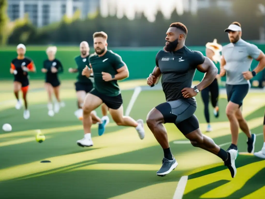 Atletas de élite en intensa sesión de entrenamiento, algunos consumen dieta cetogénica mientras los demás se enfocan en su rendimiento.