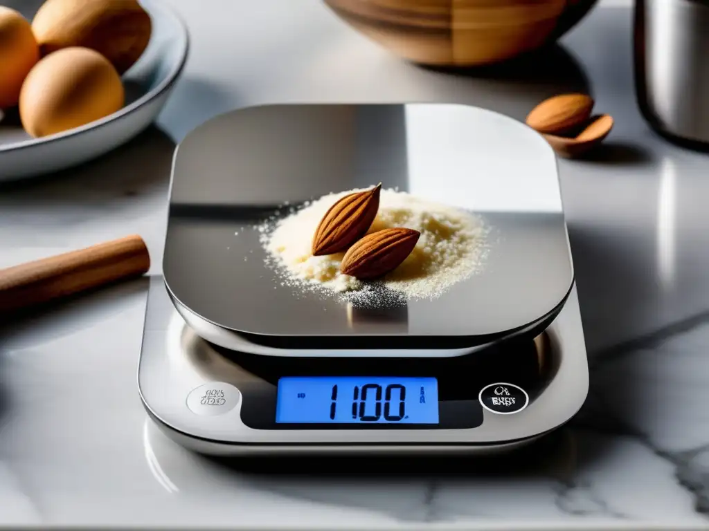 Báscula de cocina de acero inoxidable para ingredientes keto Una balanza de cocina moderna y elegante muestra la medición precisa de ingredientes cetogénicos en una superficie de acero inoxidable. <b>La luz natural crea suaves sombras alrededor, realzando su elegancia minimalista.</b> Perfecto para amantes de los gadgets para dieta cetogénica.