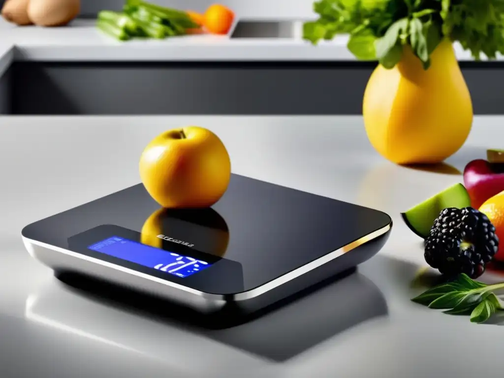 Balanza de cocina moderna con alimentos frescos y saludables