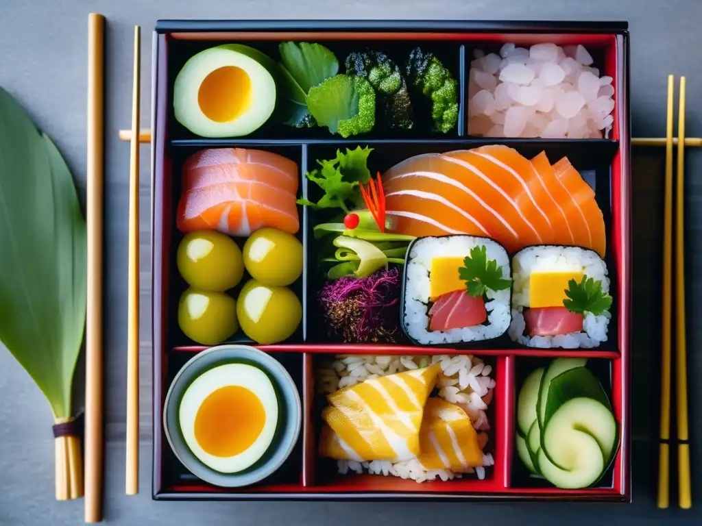 Un bento japonés tradicional con comida keto, en un jardín zen sereno, capturando la esencia de la dieta cetogénica en Asia recetas.