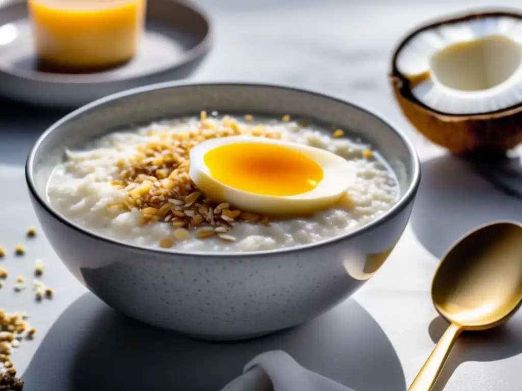 Un bol de elegante porridge keto con semillas de chía, presentado en mármol con un toque de coco fresco.