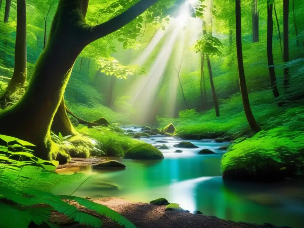 Un bosque exuberante y verde con luz solar filtrándose a través del dosel, iluminando las hojas vibrantes y proyectando sombras moteadas en el suelo del bosque. En primer plano, un arroyo cristalino serpentea a través de la maleza, reflejando el cielo azul