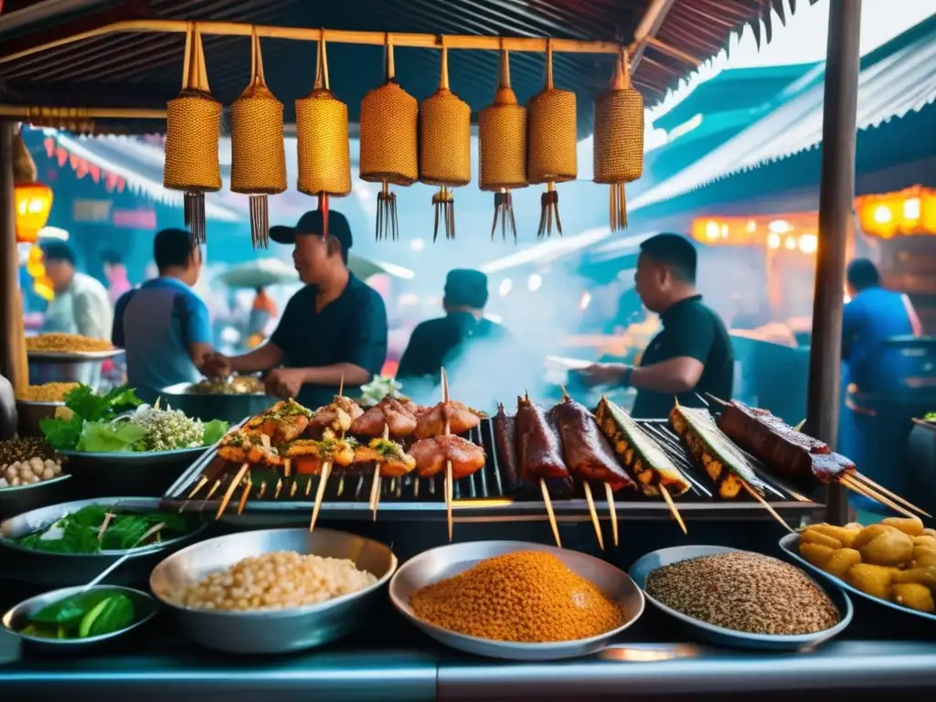 En el bullicioso mercado callejero de Tailandia, los vendedores ofrecen una variedad de opciones keto comida callejera mundial: brochetas de carne a la parrilla, mariscos frescos y coloridas verduras. El escenario vibrante está enmarcado por la arquitectura tailandesa tradicional