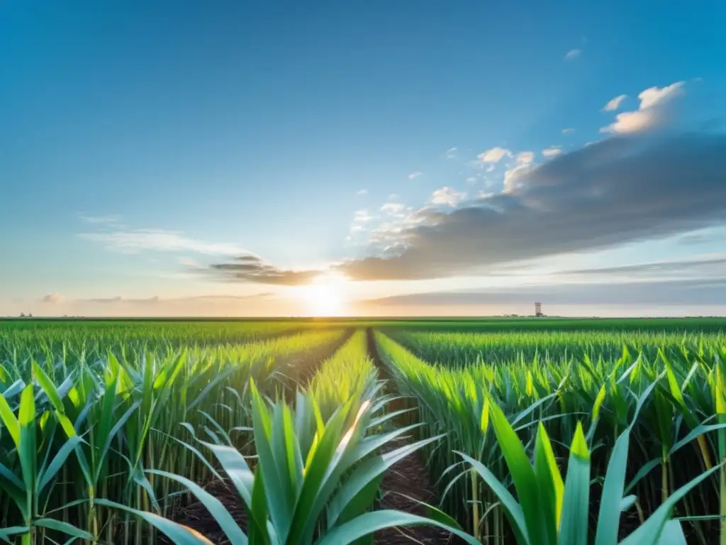 Un campo de caña de azúcar exuberante y verde se extiende hasta el horizonte bajo un cielo azul claro. <b>La luz del sol filtra a través de las hojas, creando sombras moteadas en el suelo.</b> <b>Al fondo, una planta de procesamiento ecológica y moderna.</b> Mejor endul