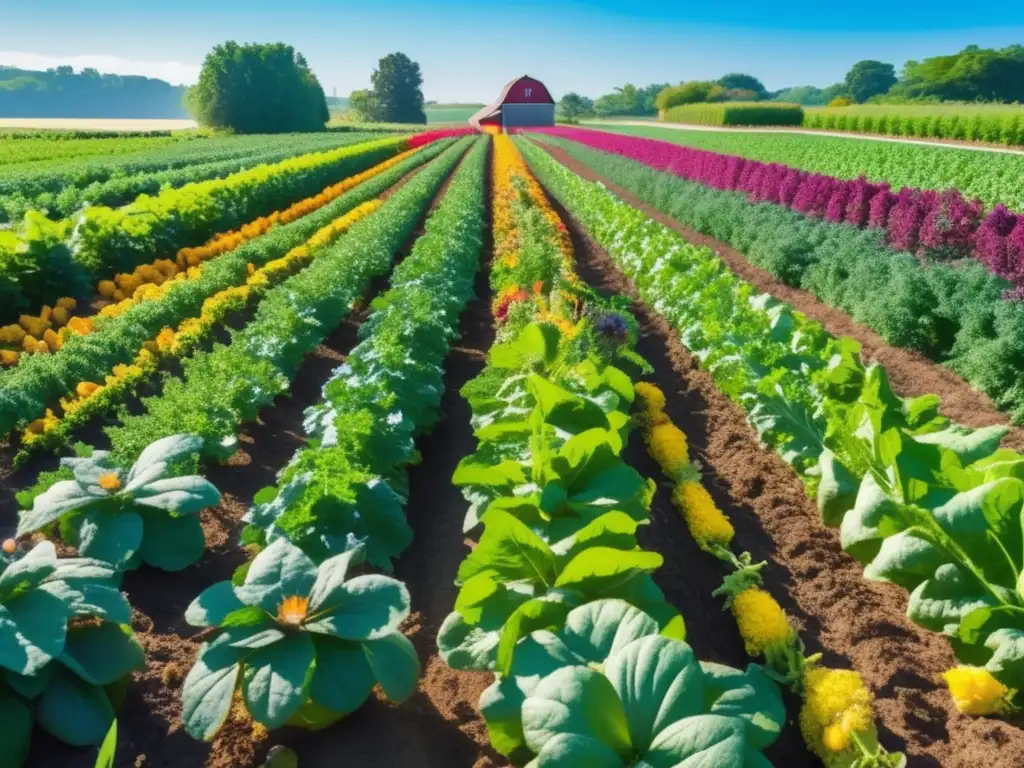 Un campo exuberante y vibrante con filas de coloridas verduras bajo un cielo azul. <b>Abejas zumban alrededor de flores en flor, mientras una suave brisa hace que las hojas se mezan al sol, creando una atmósfera de abundancia y belleza natural.</b> Sostenibilidad de la dieta