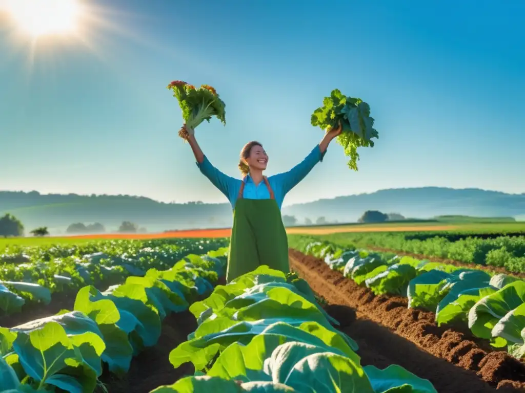 Un campo verde exuberante con hileras de verduras recién cosechadas bajo un cielo azul. <b>Un granjero sosteniendo vegetales coloridos y sonriendo.</b> <b>La luz del sol resalta la belleza natural de los productos.</b> Abejas y mariposas revoloteando entre las flores, con un edificio de