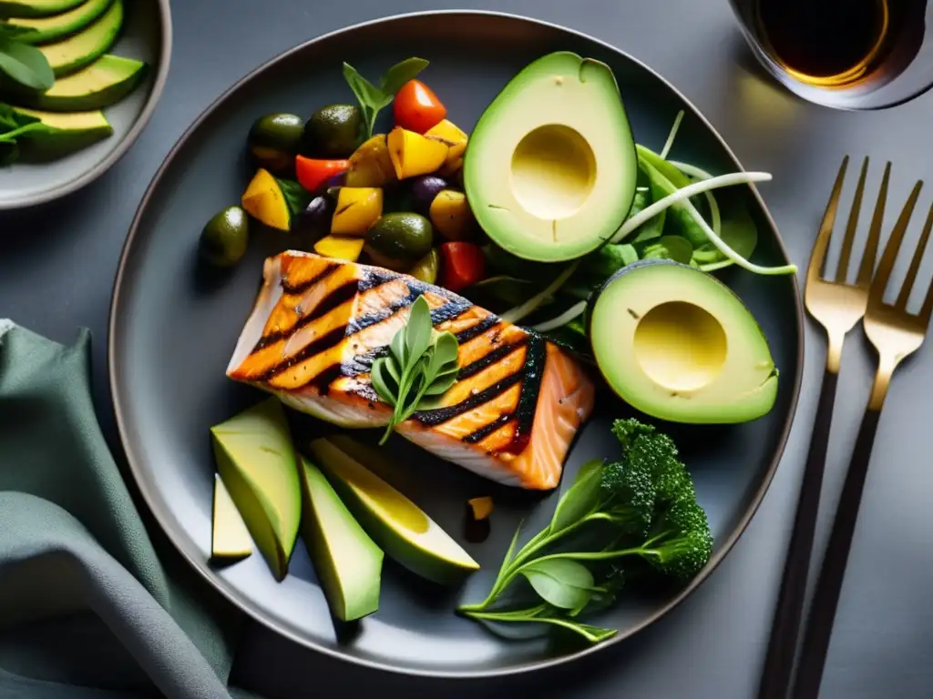 Una cena cetogénica de ensueño: salmón a la parrilla, aguacate, vegetales asados y ensalada, todo en un elegante plato.