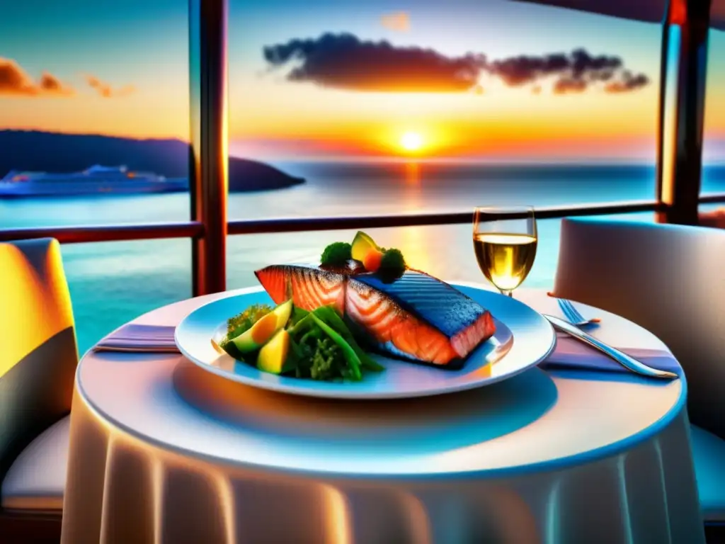 Disfruta de una cena cetogénica de lujo en cruceros, con vistas al mar al atardecer.