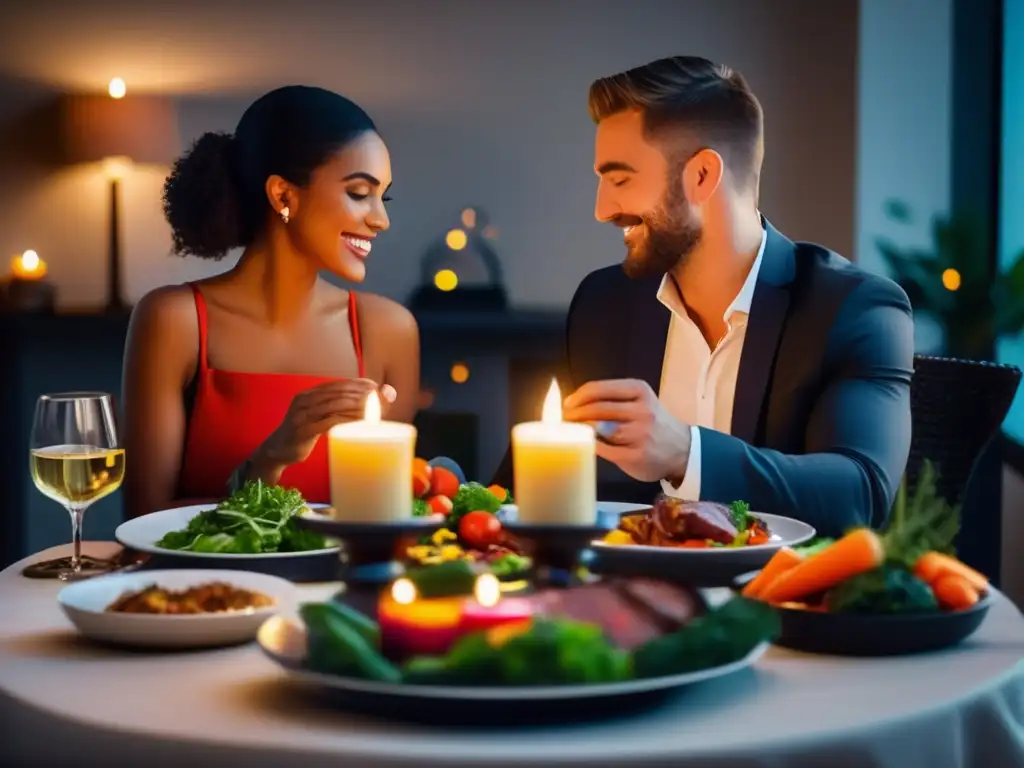 Una cena romántica a la luz de las velas con comida cetogénica y una atmósfera íntima y cálida para 'Dieta cetogénica y vida sexual'.