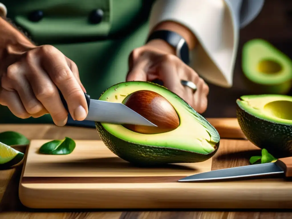 Un chef corta un aguacate con precisión en una tabla de madera, resaltando la preparación meticulosa de la cocina cetogénica. Errores comunes cocina cetogénica