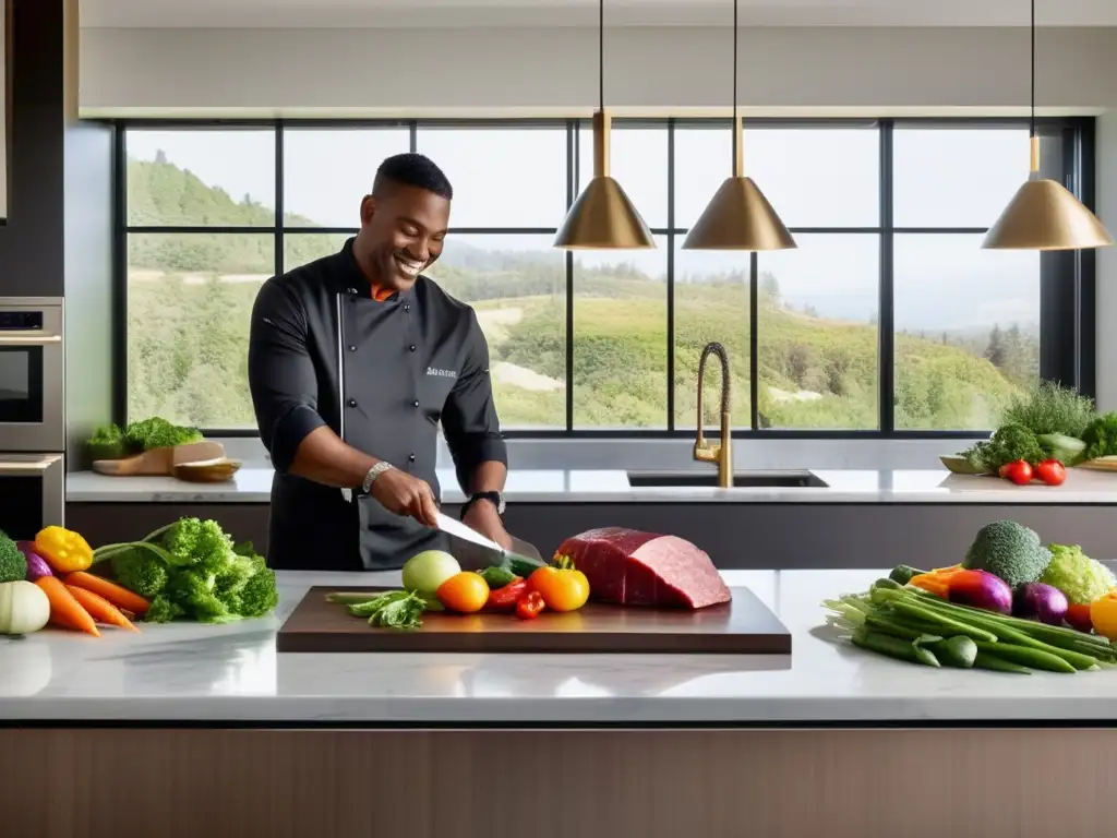 Un chef apasionado crea recetas cetogénicas con precisión en una cocina moderna y luminosa.