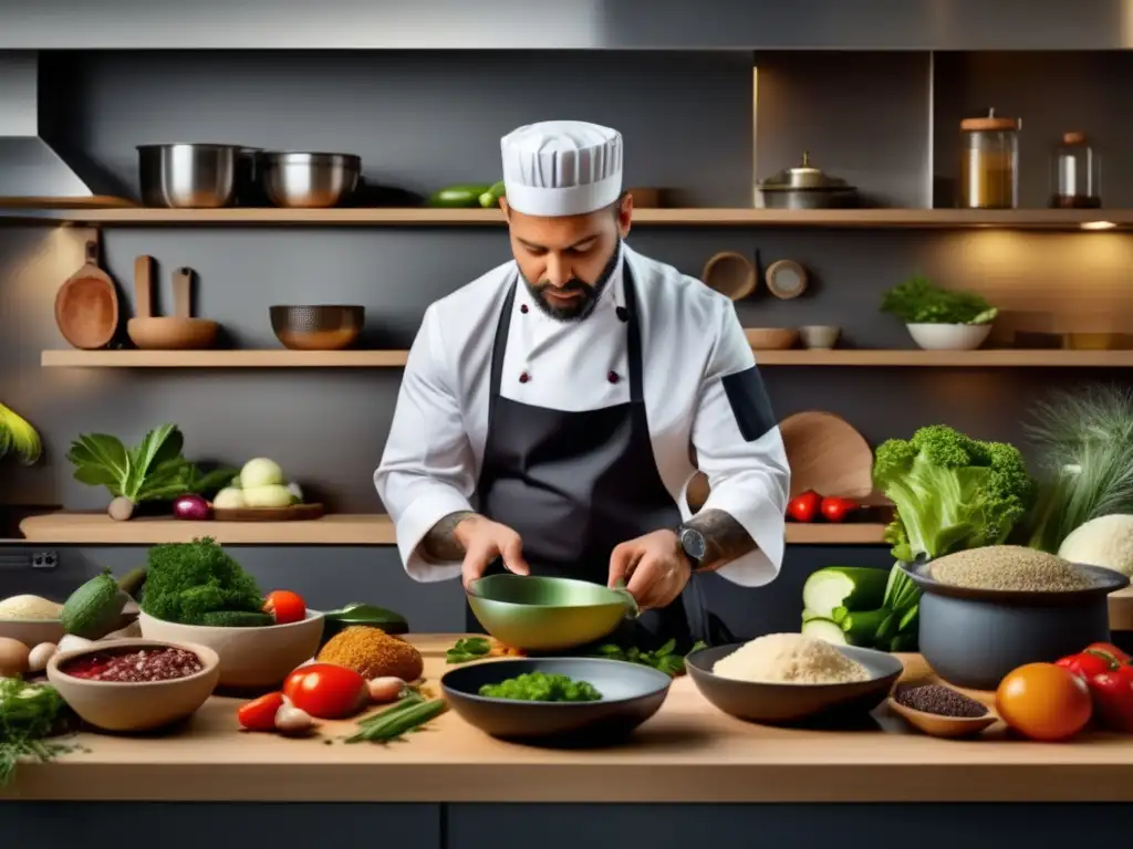 Un chef en una cocina moderna, adaptando una receta tradicional a la dieta cetogénica, rodeado de ingredientes internacionales.