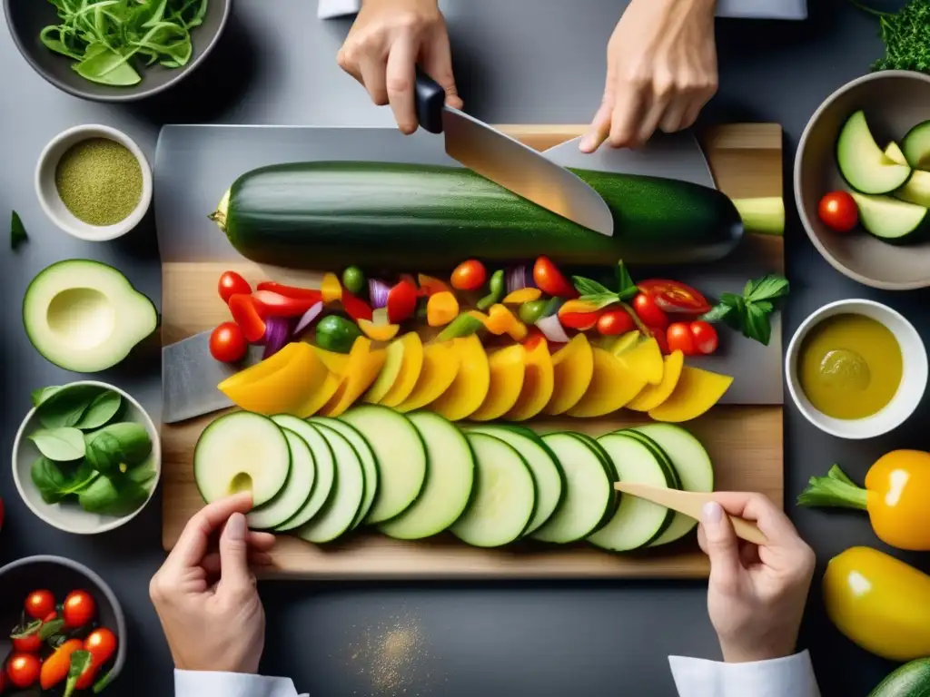 Un chef corta con precisión vegetales frescos para la receta ratatouille keto casero, mostrando su destreza culinaria.