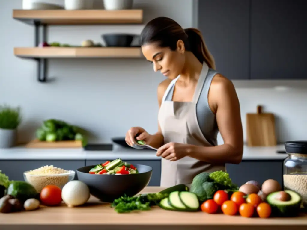 Un chef prepara un equilibrado plan de acción completo dieta cetogénica en una cocina moderna y limpia, con ingredientes organizados.