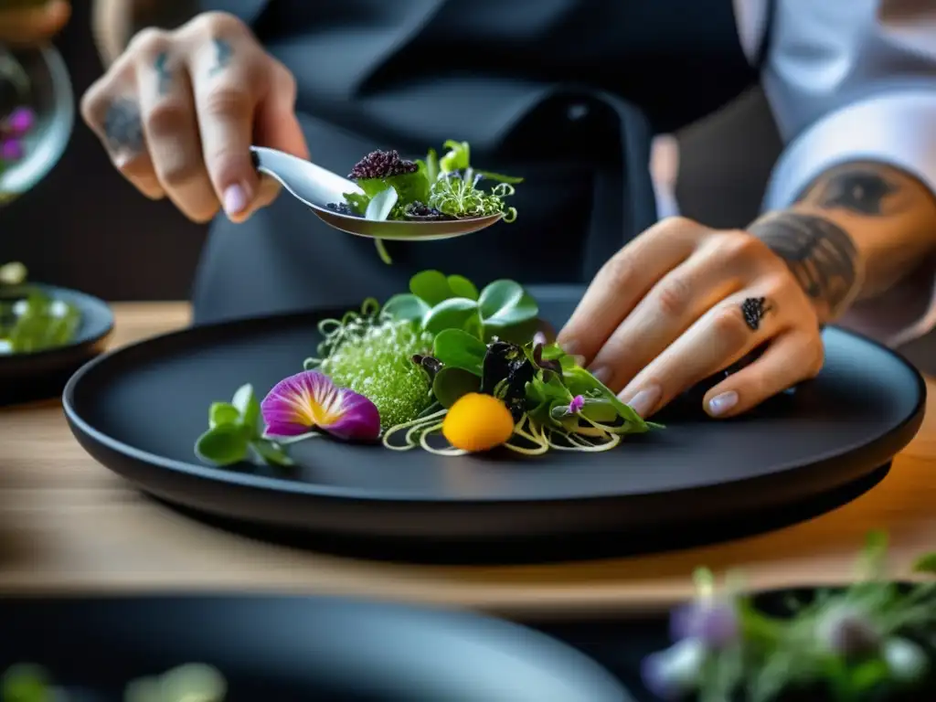 Un chef estrella Michelin crea platos cetogénicos en una cocina de alta gama.