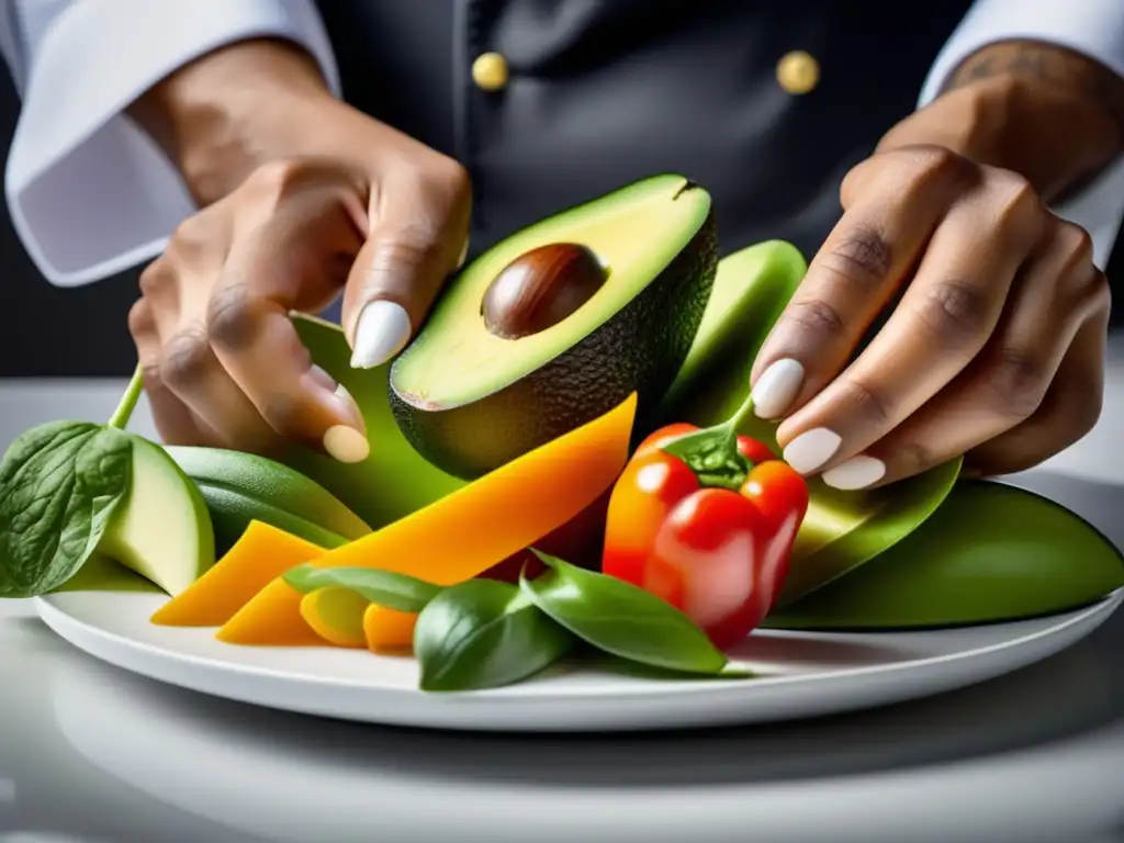 Un chef experto arregla con destreza ingredientes tradicionales menú ceto en un plato blanco moderno, creando una composición visualmente impresionante y apetitosa.