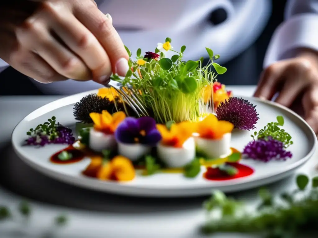 Un chef experto crea recetas gourmet dieta cetogénica con meticulosidad, color y elegancia en un plato blanco.