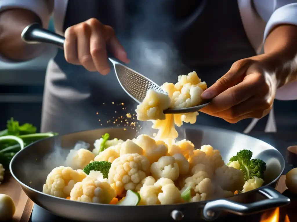 Un chef experto prepara un risotto de coliflor cetogénico gourmet con maestría, creando una escena visualmente impresionante y apetitosa.