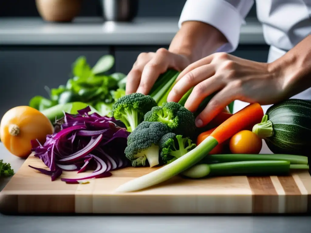 Un chef habilidoso corta verduras frescas en una tabla. Detalles y colores vibrantes dan vida a recetas rápidas cocina cetogénica.