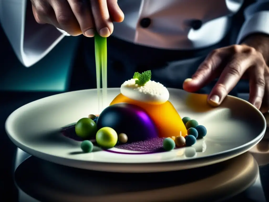 Un chef crea una impresionante obra de arte culinario con técnicas de cocina molecular cetogénica.