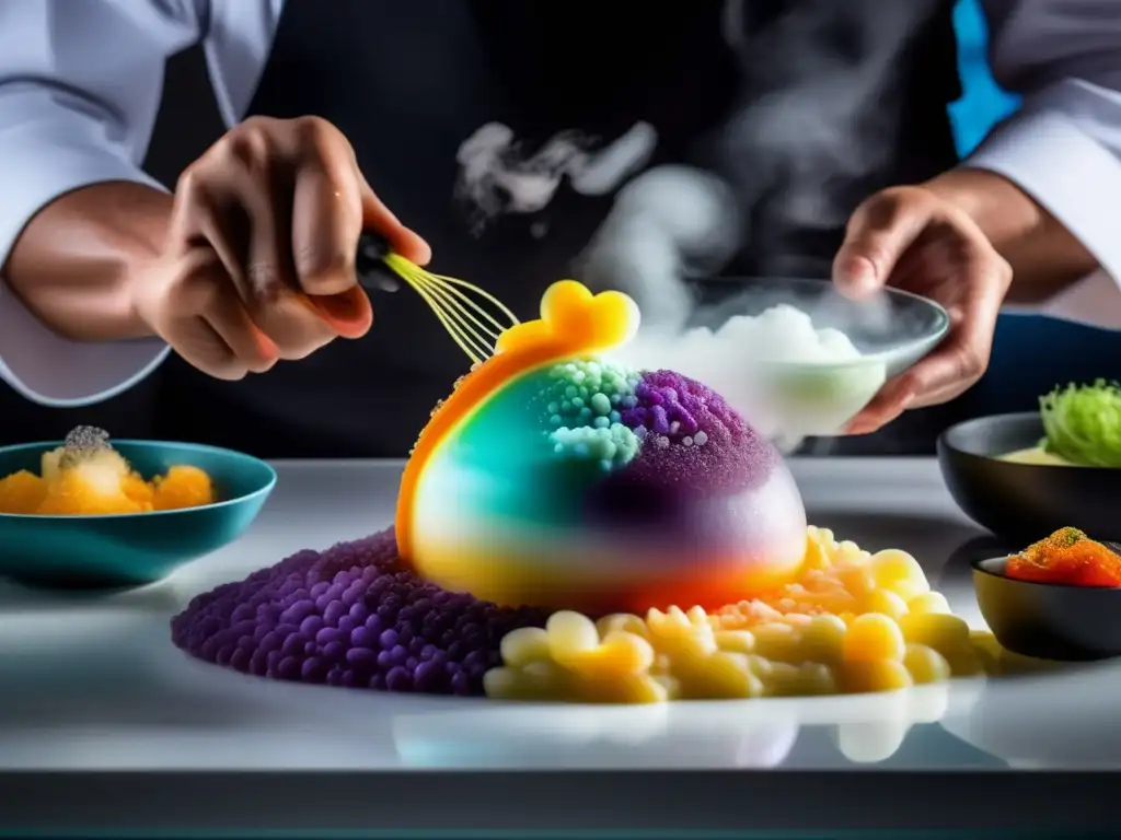 Un chef crea un plato cetogénico con técnicas de cocina molecular, utilizando ingredientes innovadores y herramientas vanguardistas.