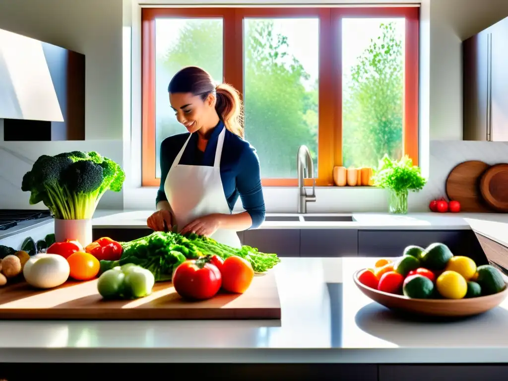 Un chef prepara con precisión una comida cetogénica para recuperación adicciones en una cocina moderna y serena, con alimentos frescos y luz cálida.