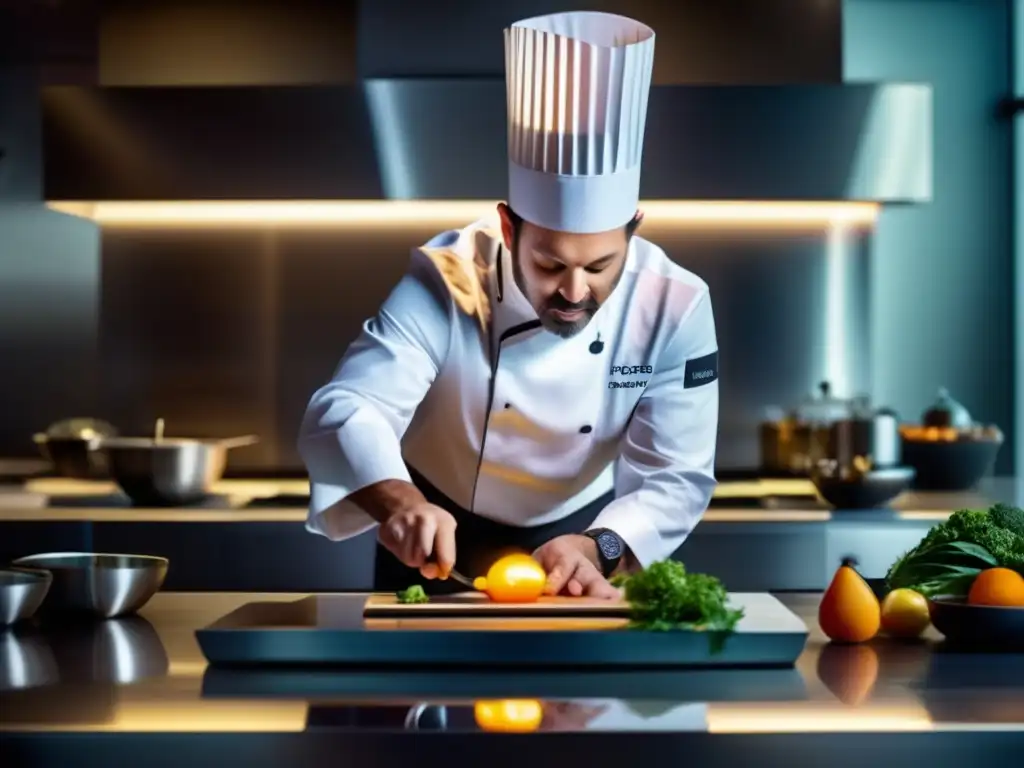 Un chef prepara con precisión una receta cetogénica en una cocina moderna con fundamentos científicos.