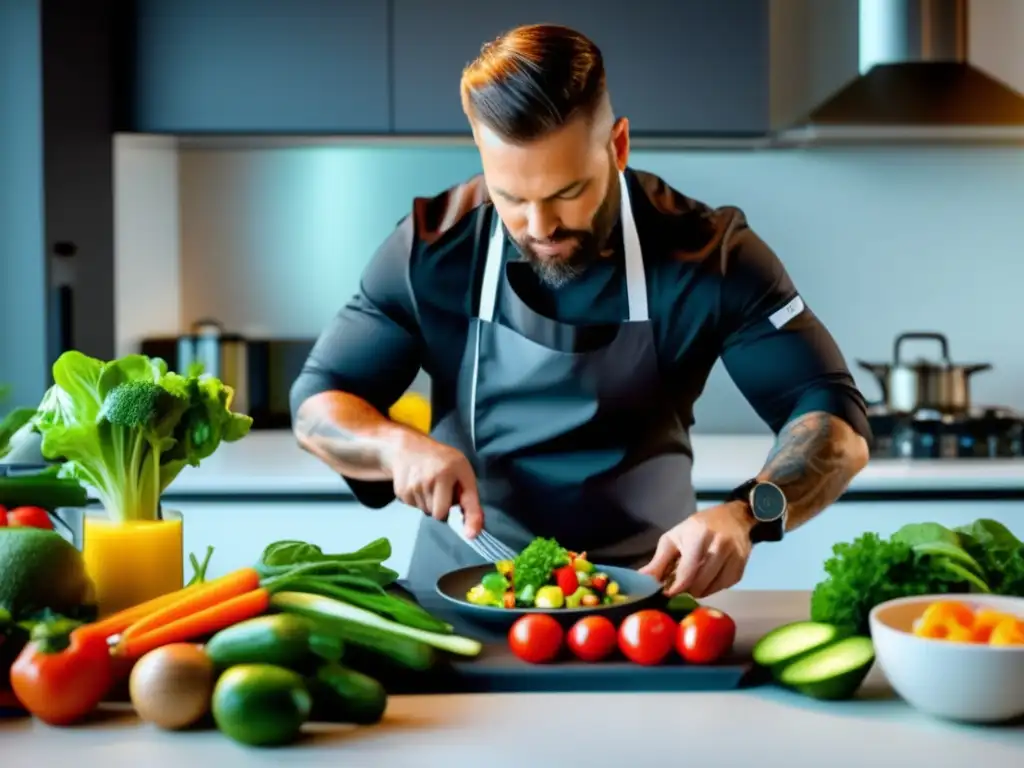 Un chef profesional prepara un colorido y nutritivo menú cetogénico para deportistas en una cocina moderna y bien iluminada.