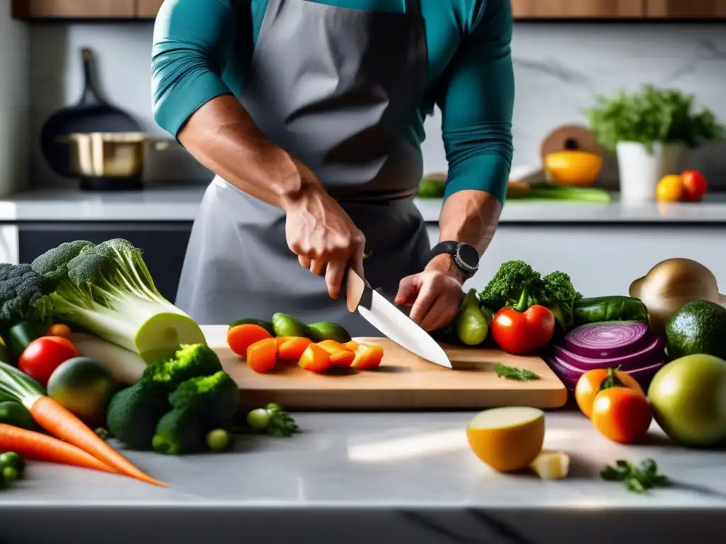 Un chef profesional prepara una comida cetogénica en una cocina soleada y tranquila, transmitiendo el efecto de resiliencia emocional.