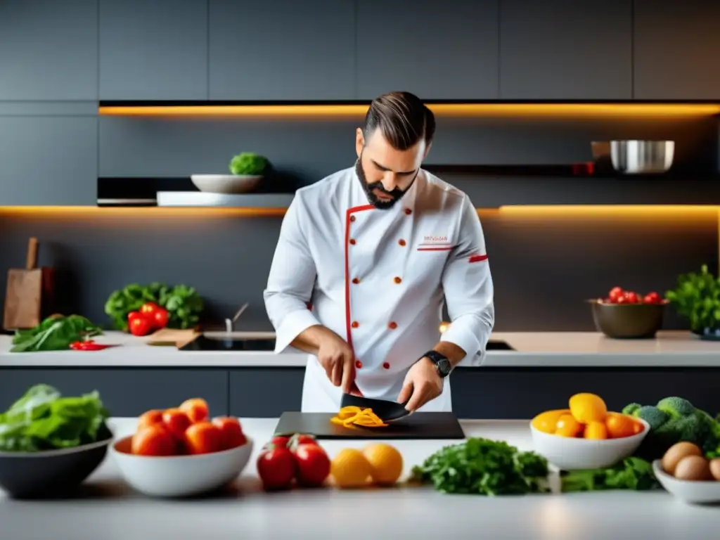 Un chef profesional prepara comidas cetogénicas saludables en una cocina moderna, para pacientes cardíacos.