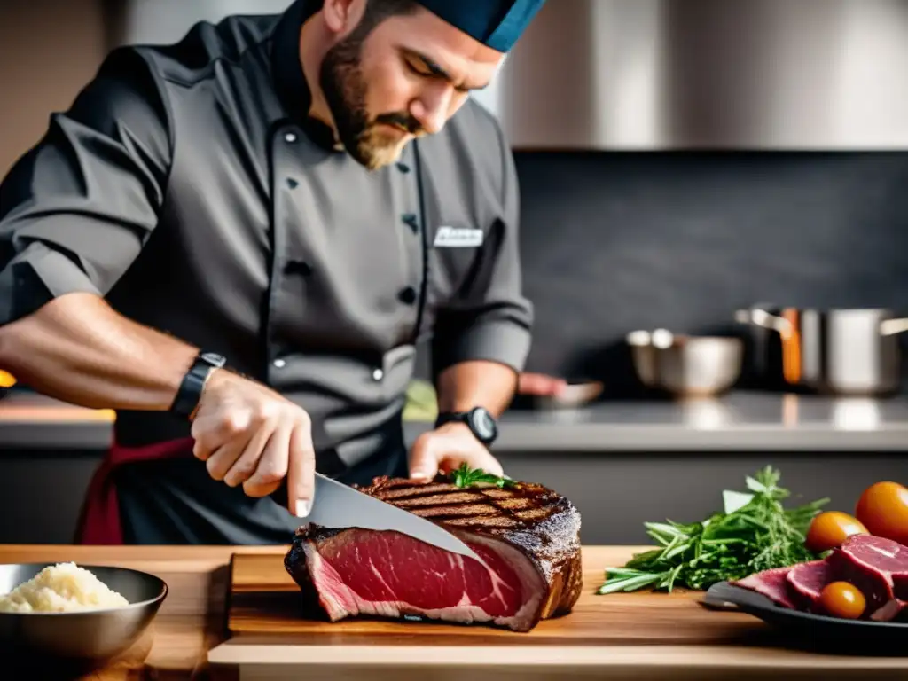 Un chef profesional corta con precisión un filete ribeye marmoleado en una cocina moderna, mostrando técnicas avanzadas cocina cetogénica.