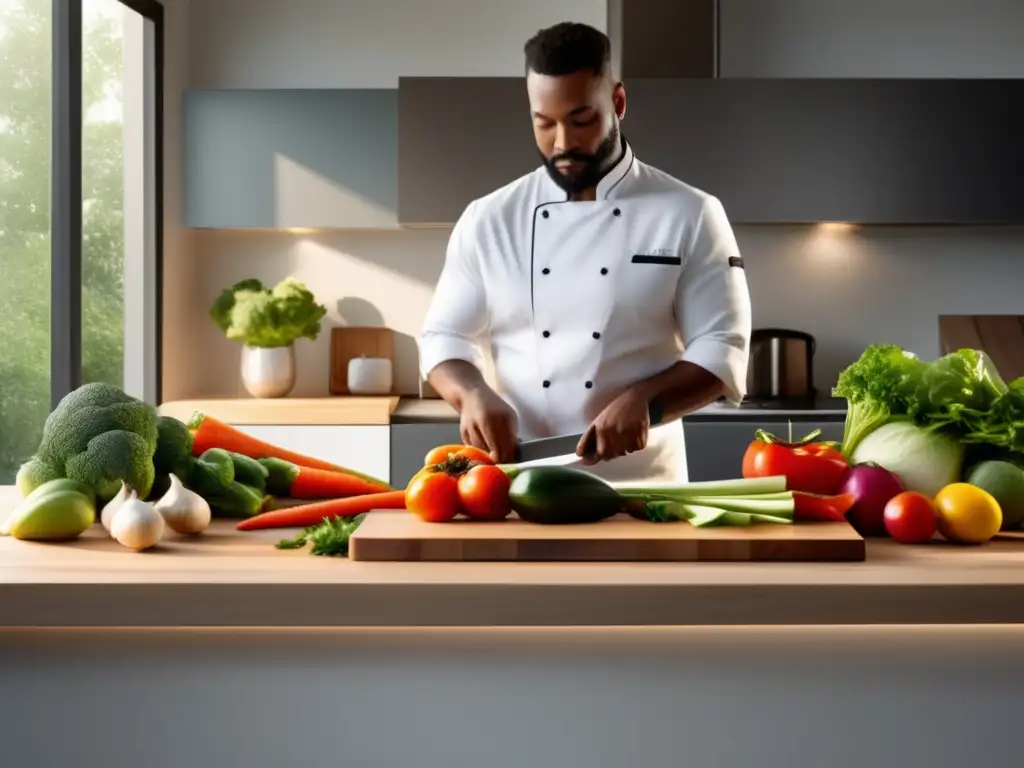 Un chef profesional corta vegetales frescos en una cocina moderna y serena, resaltando la importancia de la certificación en la dieta cetogénica.