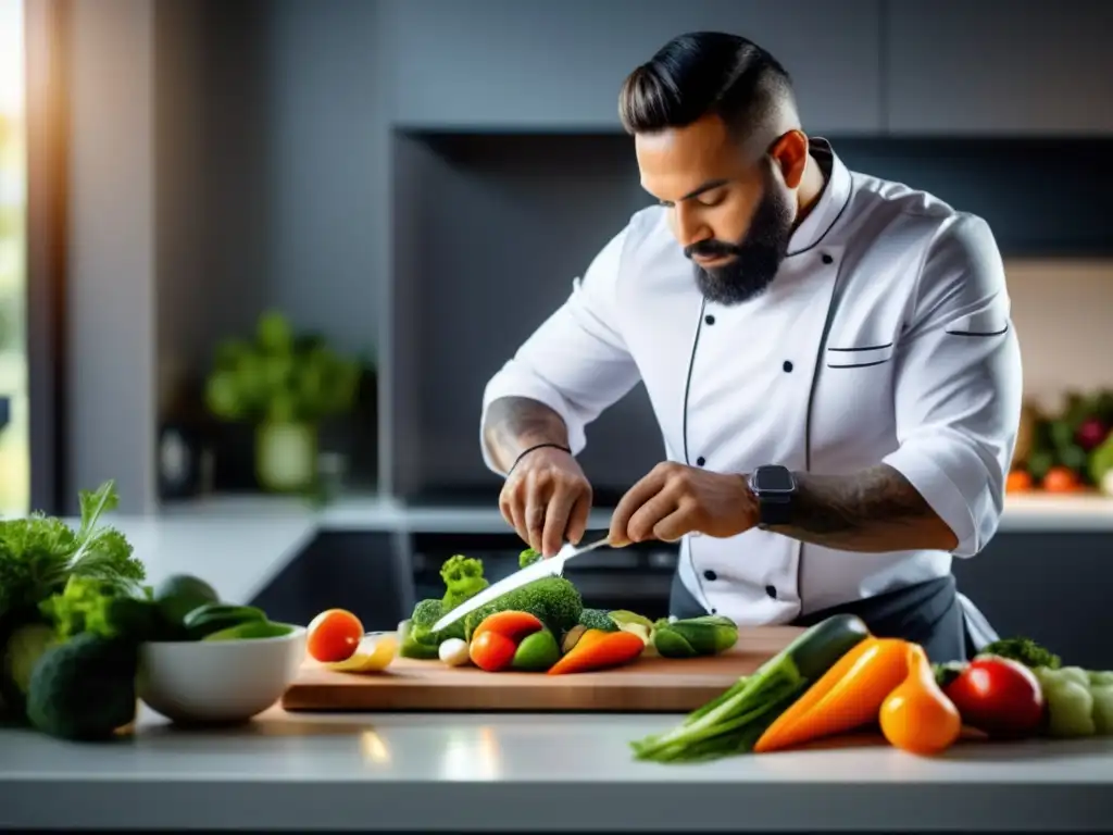 Un chef profesional prepara con cuidado una colorida y nutritiva comida cetogénica en una cocina moderna, evocando eficacia y salud.