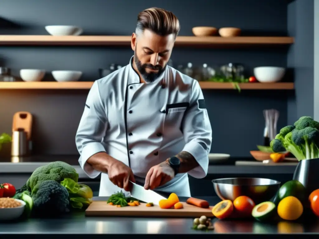 Un chef profesional preparando ingredientes cetogénicos en una cocina moderna y luminosa. Cursos Online Cetogenia Profesionales Ocupados