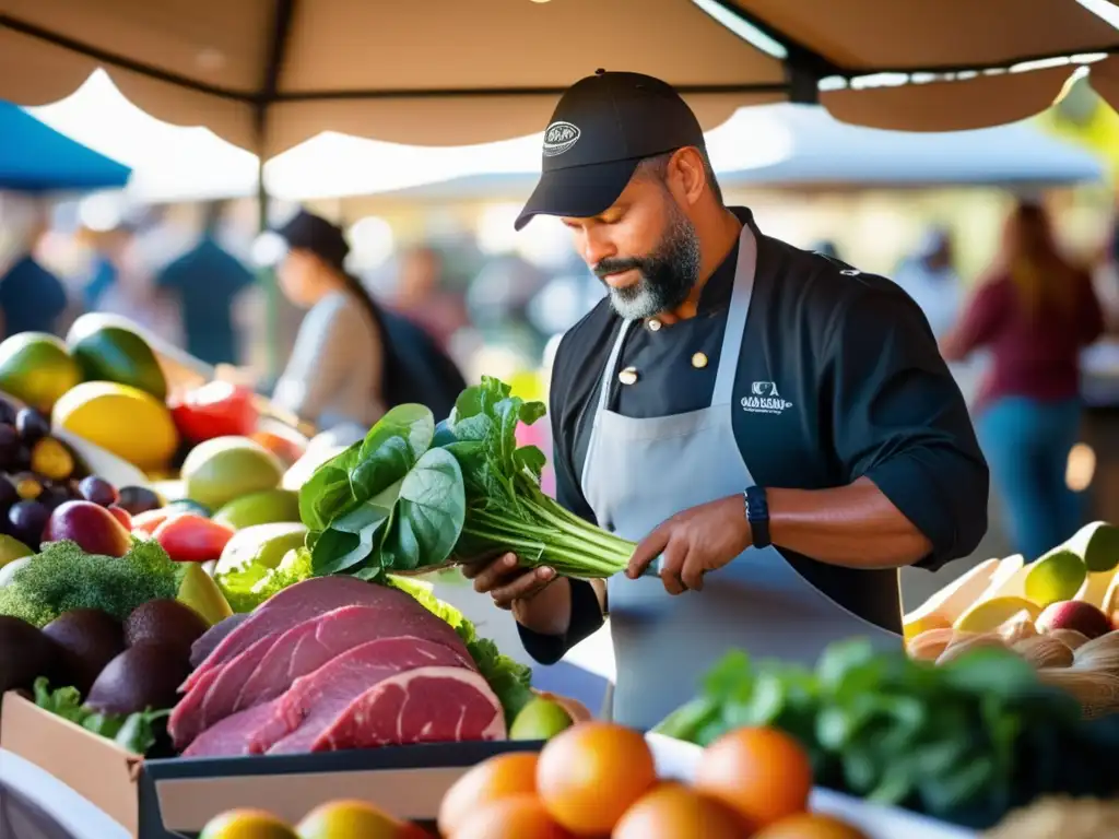 Un chef profesional selecciona cuidadosamente ingredientes frescos y orgánicos en un bullicioso mercado, creando menús cetogénicos para deportistas.