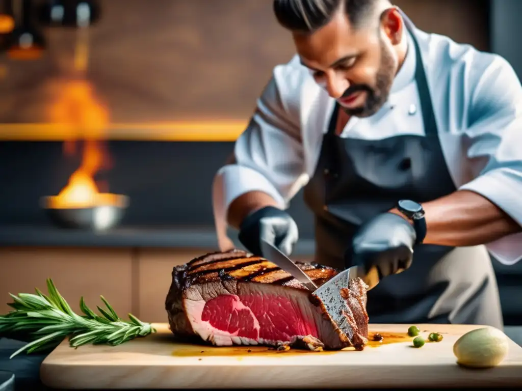 Un chef profesional corta meticulosamente un jugoso ribeye, demostrando maestría en técnicas avanzadas de cocina cetogénica.