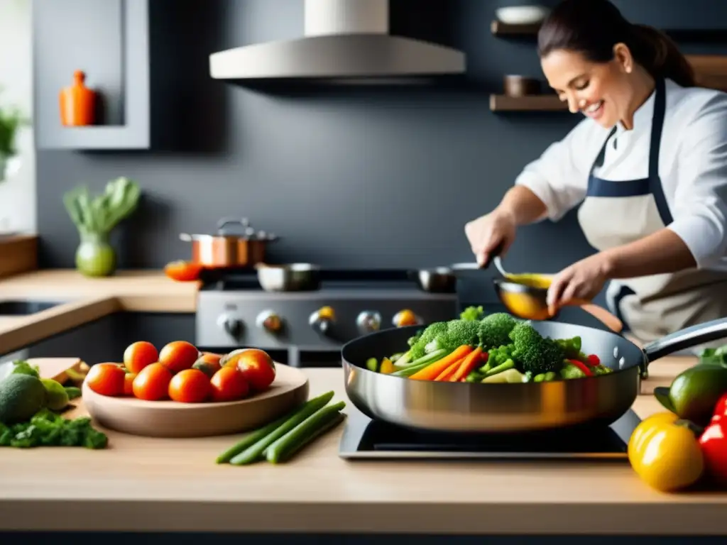 Un chef profesional prepara recetas rápidas dieta cetogénica en una cocina moderna y vibrante.