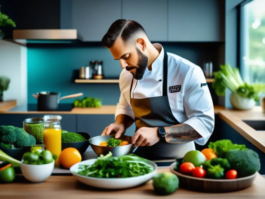 Un chef prepara recetas de cocina cetogénica saludable en una cocina moderna y elegante, con ingredientes frescos y coloridos.