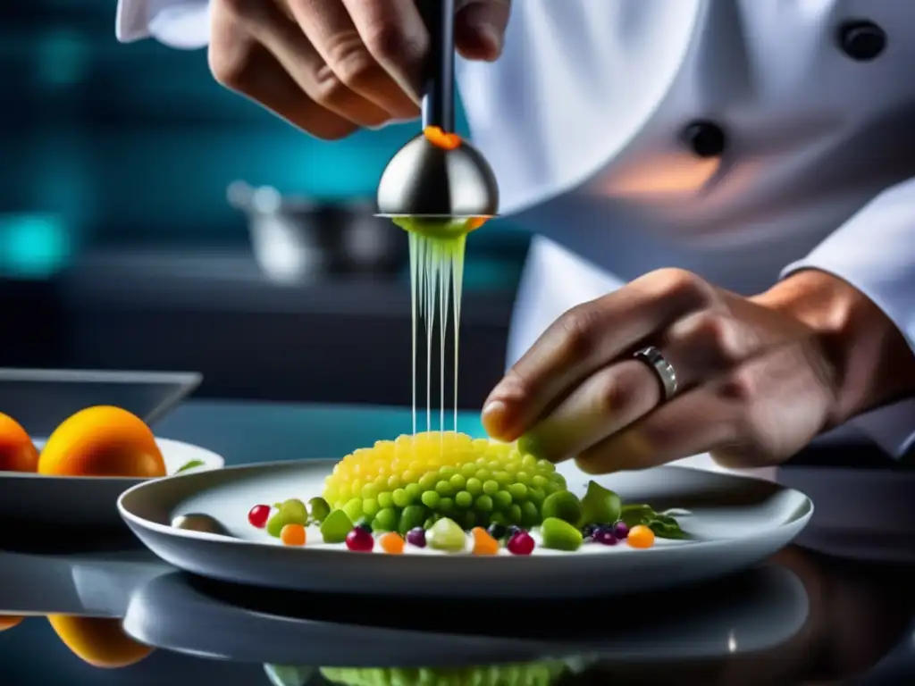 Un chef utiliza técnicas de cocina molecular cetogénica para crear un plato visualmente impresionante, con precisión y arte.