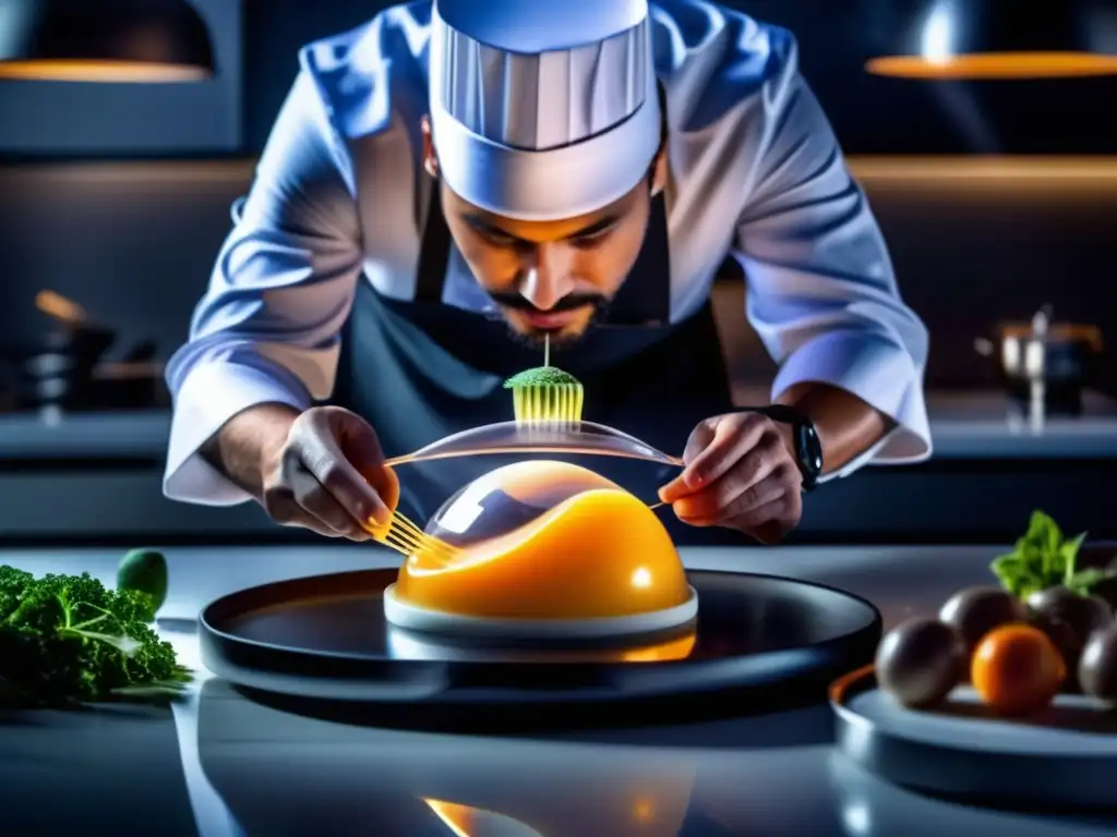 Un chef utilizando técnicas futuristas en una cocina cetogénica, creando un plato innovador y visualmente impactante.